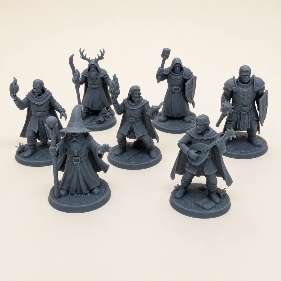 Conjunto com sete miniaturas de personagens para RPG